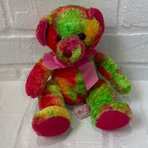 Russ Multicolor Tie-Dye Plush Teddy Bear with Pink Bow